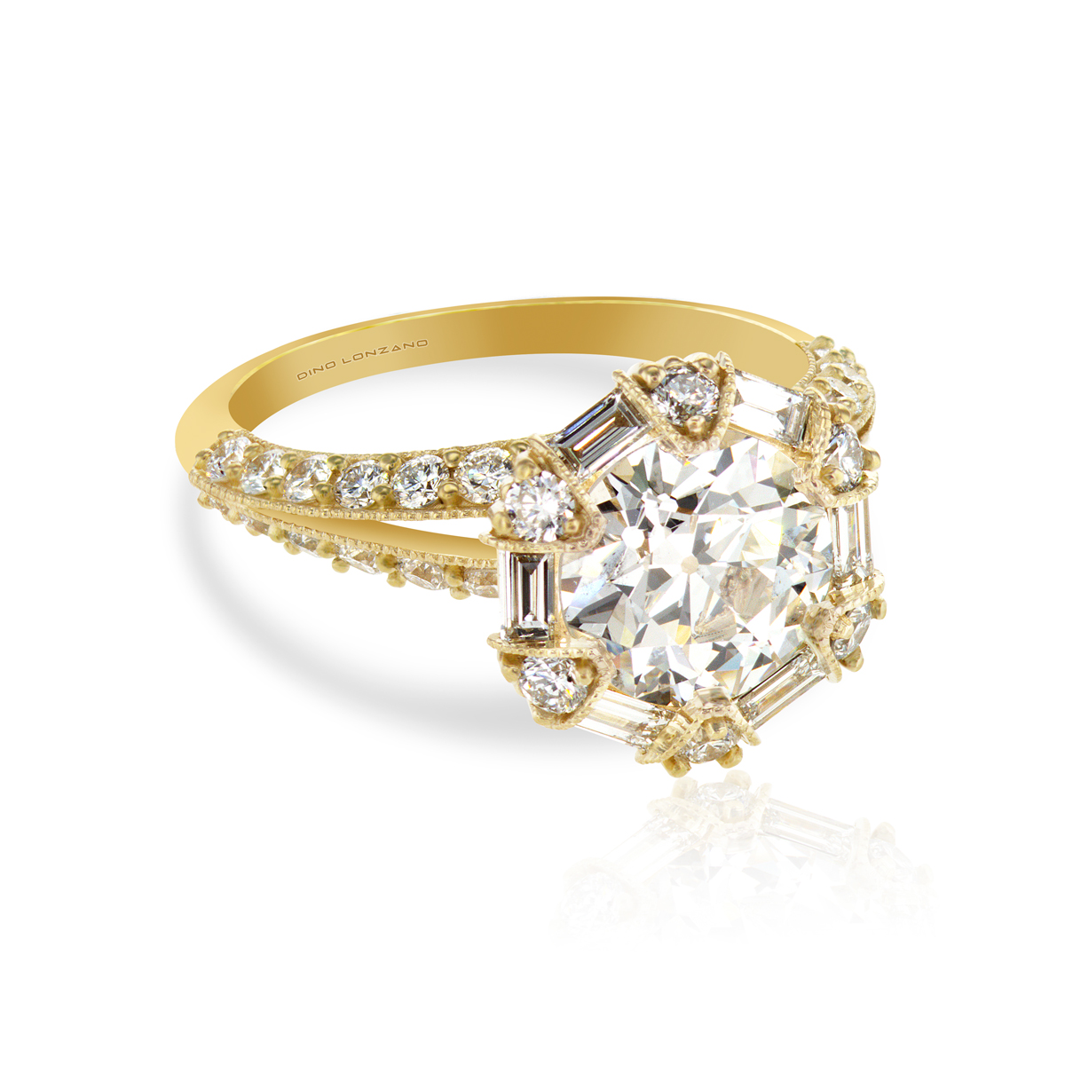 Dino Lonzano Art Deco  Diamond Halo Engagement Ring, 18k Yellow Gold
